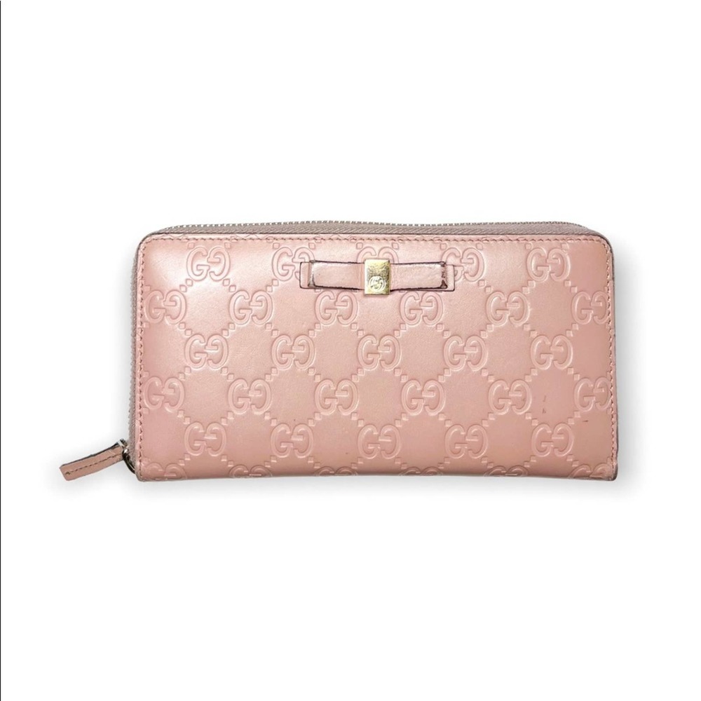 Gucci Tan Guccissima Bow Zip Around Leather Wallet, box included